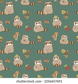 Seamless Pattern with Cartoon Raccoon Design on Dark Green Background