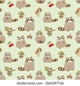 Seamless Pattern with Cartoon Raccoon Illustration Design on Light Green Background