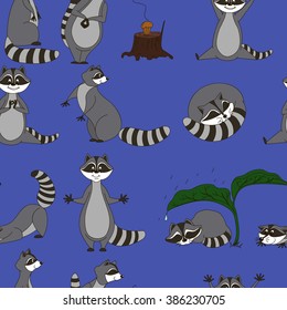 Seamless pattern with cartoon raccoons.