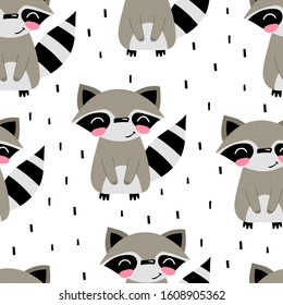 Seamless pattern with cartoon raccoons, decor elements. Colorful flat style vector. Hand drawing for kids. animals. baby design for fabric, wrapper, print, textile