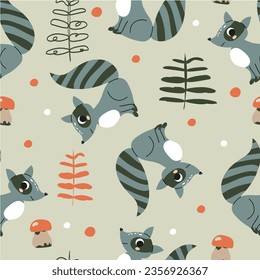Seamless pattern with cartoon raccoons, trees, decor elements. Childish texture for fabric, textile, apparel, nursery decoration. Hand drawn vector illustration.