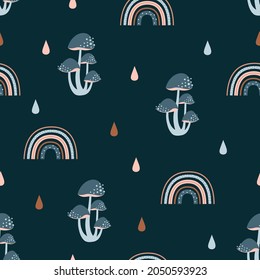 seamless pattern with cartoon rainbow, drops and mushrooms on dark background, cute kids wallpaper, vector illustration, autumn concept
