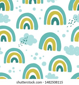 Seamless pattern with cartoon rainbow and sky. Great for children's textiles, fabrics, wallpapers, prints and other surfaces.