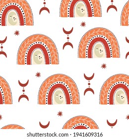 seamless pattern with cartoon rainbows. Boho style. colorful vector for kids. hand drawing, flat style. baby design for fabric, print, textile, wrapper