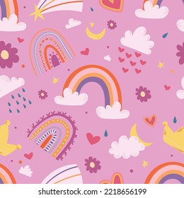 Seamless Pattern with Cartoon Rainbows, Clouds, Stars, Heart , Crown and Flower on Pink Background. Cute Baby Ornament in Kawaii Scandinavian Style for Girls Childish Design. Vector Illustration