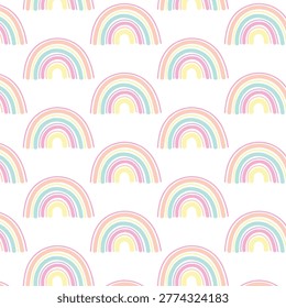 Seamless Pattern with Cartoon Rainbows, Clouds, Stars, Heart , Crown and Flower on Pink Background. Cute Baby Ornament in Scandinavian Style for Girls Childish Design. Vector Illustration