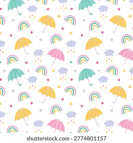 Seamless Pattern with Cartoon Rainbows, Clouds, Stars, Heart , Crown and Flower on Pink Background. Cute Baby Ornament in Scandinavian Style for Girls Childish Design. Vector Illustration