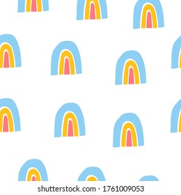 nahtloses Muster mit Cartoon-Regenbögen. bunter Vektorgrafik für Kinder. handgezeichnet, flach. Babydesign für Gewebe, Druck, Textilien, Wrapper