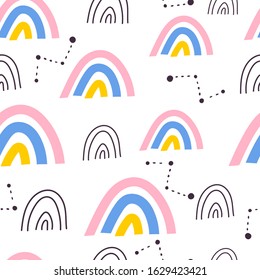 Seamless pattern with cartoon rainbows, decor elements. kid colorful vector, flat style. hand drawing. baby design for textile, print, fabric, wrapping paper