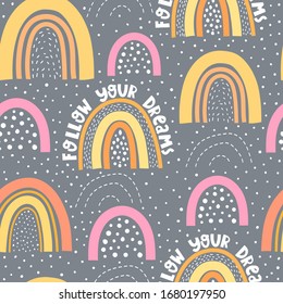 seamless pattern with cartoon rainbows, decor elements on a neutral background. colorful vector for kids. hand drawing, flat style. baby design for fabric, print, textile, wrapper