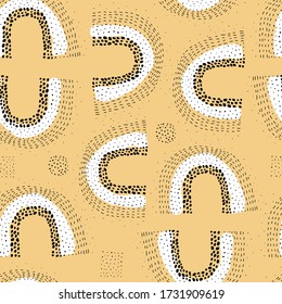 seamless pattern with cartoon rainbows, decor elementson a neutral background. colorful vector. hand drawing, flat style.  design for fabric, print, textile, wrapper