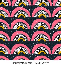 seamless pattern with cartoon rainbows, decor elements on a neutral background. colorful vector for kids. hand drawing, flat style. baby design for fabric, print, textile, wrapper