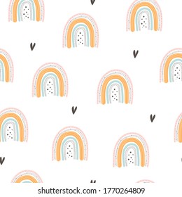 seamless pattern with cartoon rainbows, decor elements. colorful vector for kids. hand drawing, flat style. baby design for fabric, print, textile, wrapper