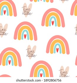 Seamless pattern with cartoon rainbows, decor elements. Colorful vector flat style for kids. hand drawing. valentines day. Romantic design for print, wrapper, fabric.