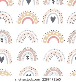 seamless pattern with cartoon rainbows, decor elements. colorful vector for kids. hand drawing, flat style. baby design for fabric, print, textile, wrapper