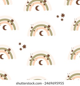 seamless pattern with cartoon rainbows, decor elements. colorful vector for kids. hand drawing, flat style. baby design for fabric, print, textile, wrapper	