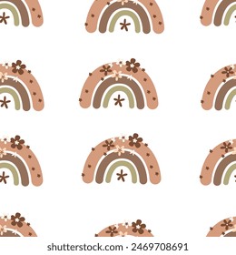 seamless pattern with cartoon rainbows, decor elements. colorful vector for kids. hand drawing, flat style. baby design for fabric, print, textile, wrapper	