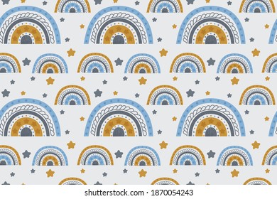 Seamless pattern of cartoon rainbows decorated stars, circles and hatchings in yellow and gentle blue colors on a light gray background. Cute repeating baby texture in a Scandinavian style. Vector.