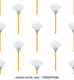 Seamless pattern with cartoon rakes on white background. Gardening tool. Vector illustration for any design.