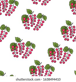 Seamless pattern with cartoon red berries currant  on white background. Colorful vector illustration with berry. Doodle style. Design for invitation, poster, card, fabric, textile. Sweet fruits.