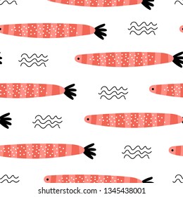 Patrón sin foco con peces rojos dibujados. Textura infantil creativa bajo el mar. Textura de corte para tela, envoltura, textil, papel pintado, ropa.