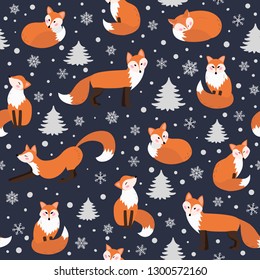 Seamless pattern with cartoon red foxes in forest, children vector illustration