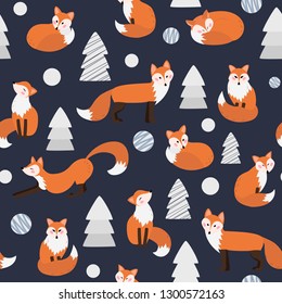 Seamless pattern with cartoon red foxes in forest, children vector illustration