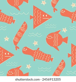 Seamless pattern with cartoon red geometric fish and jellyfish on a blue background vector illustration