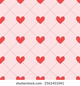 Seamless pattern cartoon of red heart with dashed lines. The sweetness of Valentine's Day pattern theme. Pattern design for children fabric, wrapping paper, wallpaper and fashion prints.