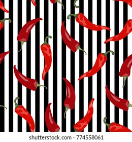 Seamless pattern with cartoon red hot chili peppers on striped background. Vector illustration for your design