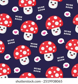 Seamless pattern of cartoon red mushrooms on dark blue background