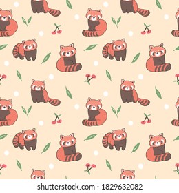 Seamless Pattern with Cartoon Red Panda Design on Beige Color Background