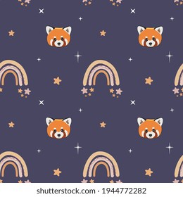 Seamless pattern with cartoon red panda, stars and rainbows. Children background for wrapping paper,  greeting cards, design, decor.