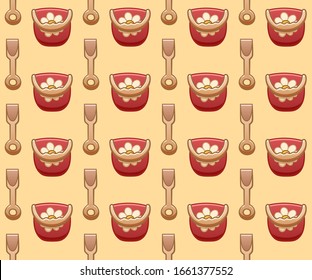 Seamless pattern with cartoon red plastic buckets with a handle and flower drawing and beige children's shovels. Yellow background, vector.