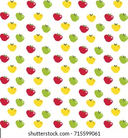 Seamless pattern with cartoon red, yellow and green apples on white background. Flat vector illustration, banner, poster, template, wrapping paper, fabric print for textile design. 