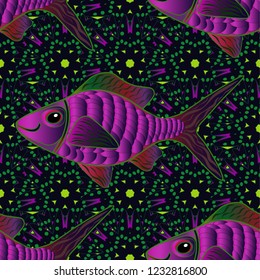 Seamless pattern with cartoon reef fishes. Doodle vector tropical fishes in green, purple and black colors. Vector illustration.