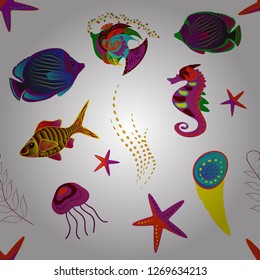 Seamless pattern with cartoon reef fishes. Vector illustration. Doodle vector tropical fishes in purple, white and red colors.