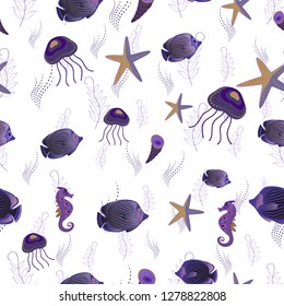 Seamless pattern with cartoon reef fishes. Vector illustration. Doodle vector tropical fishes in violet, white and gray colors.