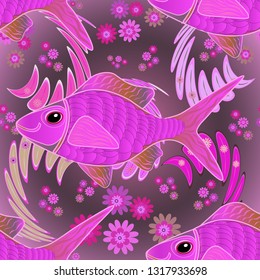 Seamless pattern with cartoon reef fishes. Doodle vector tropical fishes in purple, violet and pink colors. Vector illustration.