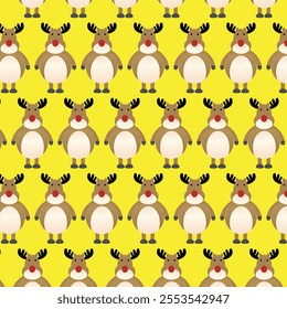 Seamless pattern of cartoon reindeer with red noses on a vibrant yellow background, perfect for festive and christmas themed designs