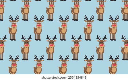 A seamless pattern of cartoon reindeer with red noses on a blue background, perfect for holiday designs.