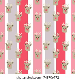 Seamless pattern of cartoon reindeer with a red nose and antlers. Pink, gray and white stripes in the background. Flat color artwork style, hand drawn vector.