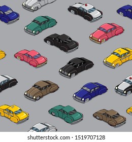 Seamless pattern with cartoon retro cars in traffic jam.