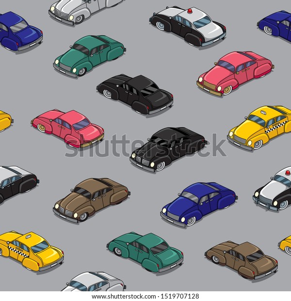 Seamless\
pattern with cartoon retro cars in traffic\
jam.
