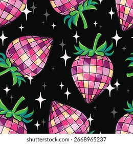 Seamless pattern cartoon of retro disco strawberry cartoon, It has a retro shimmering shine. Suitable for wrapping paper, wallpaper and fashion prints.