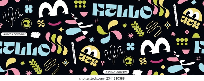 Seamless pattern with cartoon retro elements. Colored abstract graphic elements. Clockwork circle Cartoon elements in retro style. Vector illustration. Bulging eyes.Funny stickers.Prints for clothes.