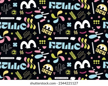 Seamless pattern with cartoon retro elements. Colored abstract graphic elements. Clockwork circle Cartoon elements in retro style. Vector illustration. Bulging eyes.Funny stickers.Prints for clothes.
