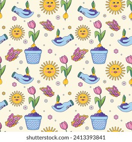 Seamless pattern Cartoon  retro tulip in 70s-90s style. . Elements of spring planting. Vector illustration.