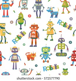 Seamless pattern of cartoon robots in a white background