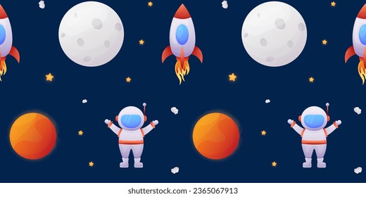 seamless pattern Cartoon rocket, astronaut, planets on a blue background with stars. vector illustration. Decorative textiles, wrapping paper, wallpaper